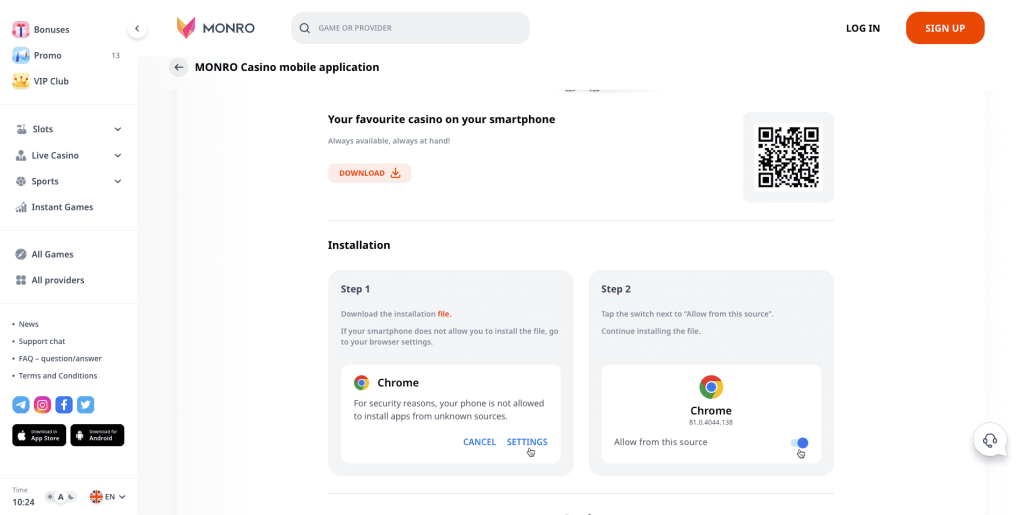Monro Casino Mobile app