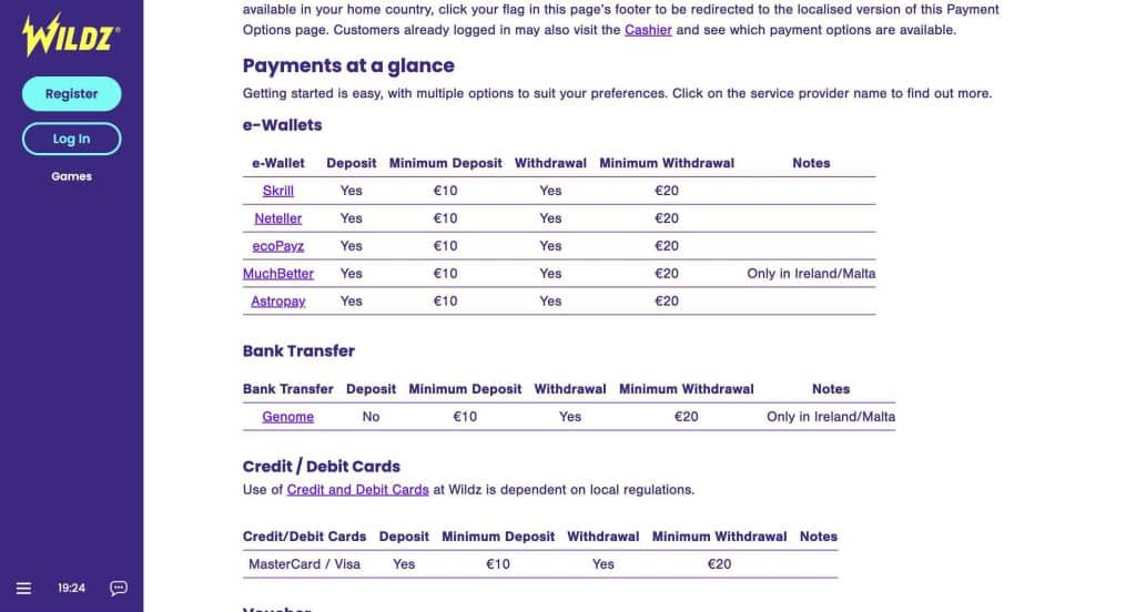 wildscasino payments methods