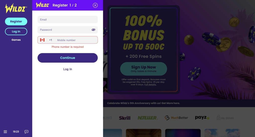 wildzcasino registration