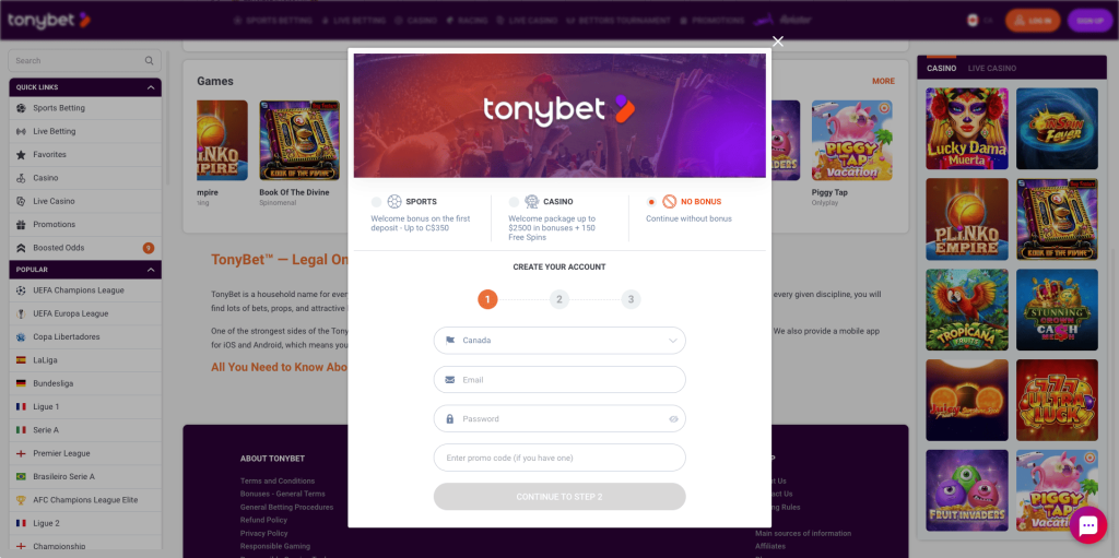 Tonybet Casino Registration