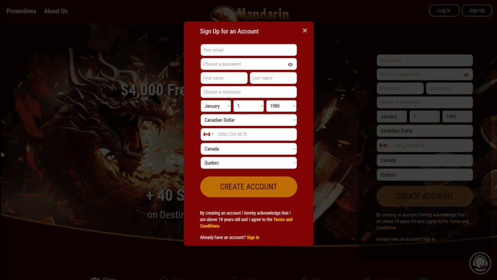 Mandarin Palace casino registration