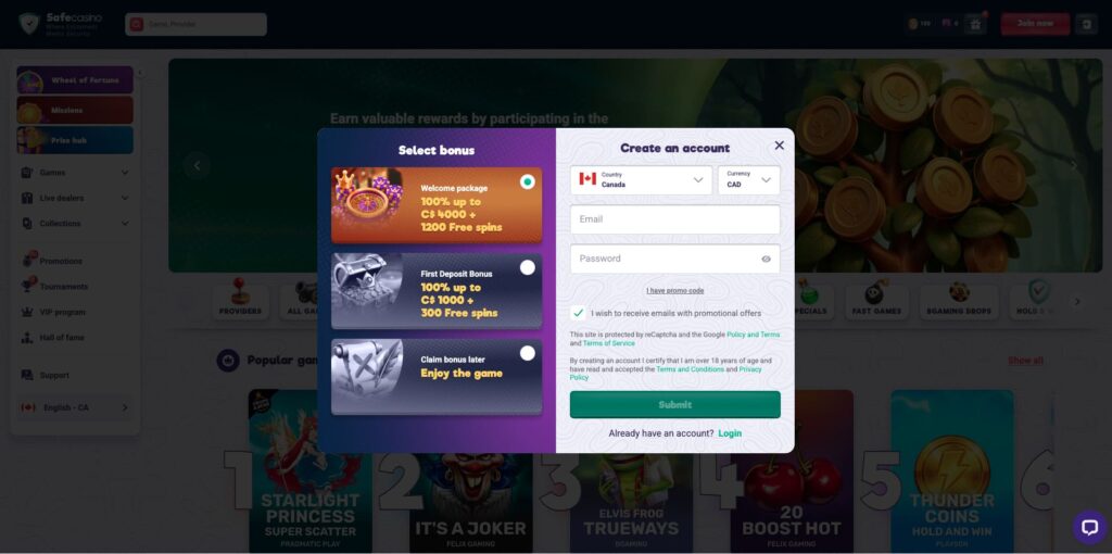 SafeCasino Registration