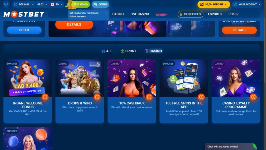 MostBet casino bonuses