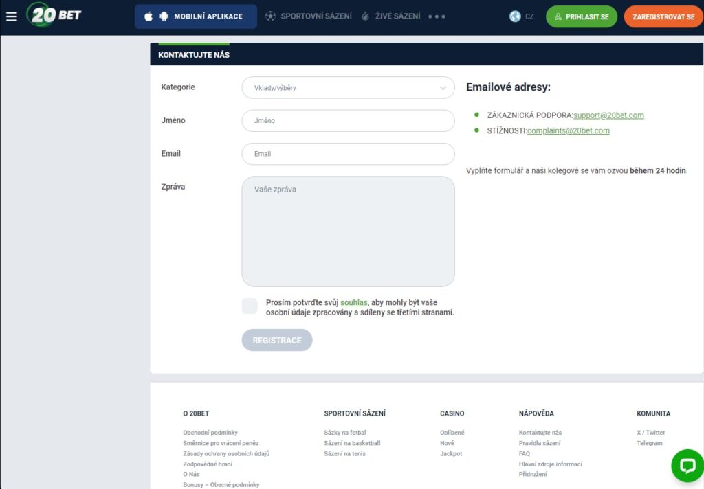 20Bet Casino kontakty