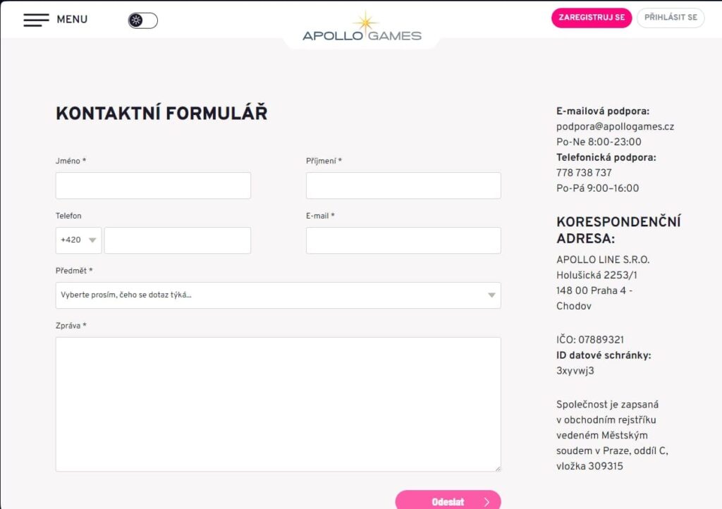 Apollo Games Casino kontakty