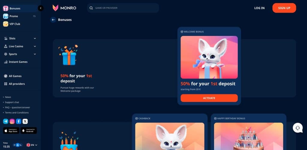 Monro casino bonusy