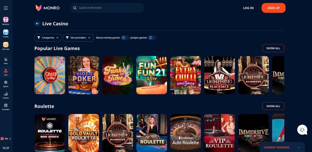 Monro casino s živými dealery