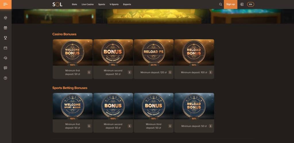 Sol casino bonusy