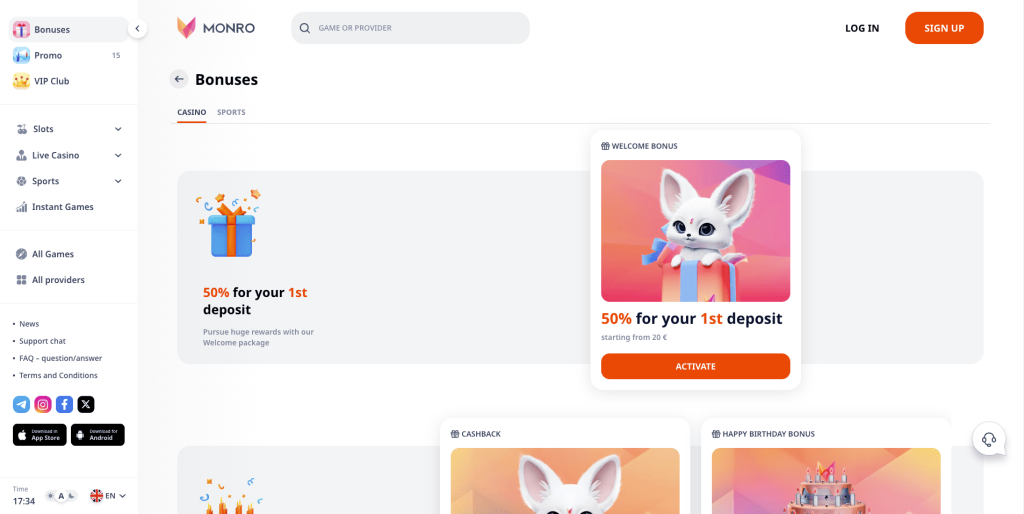 Monro Casino Μπόνους