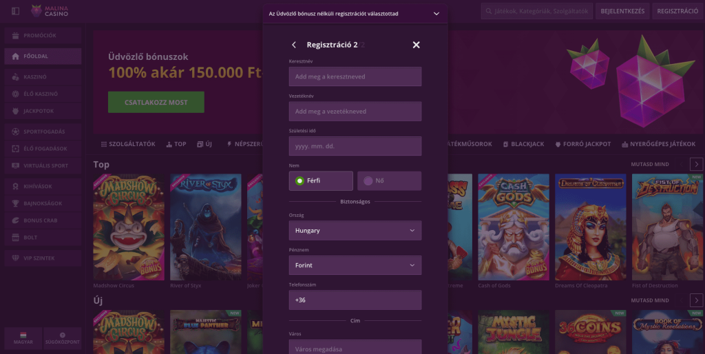Malina Casino Regisztrációs űrlap
