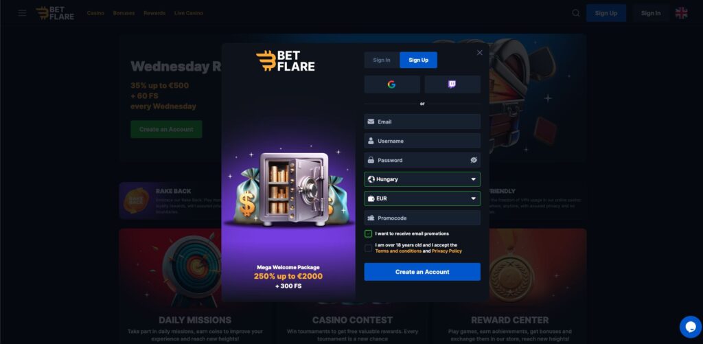 BetFlare Casino regisztráció