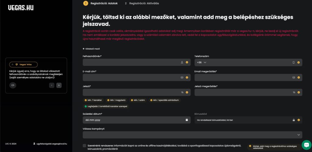 Vegas.hu Casino regisztráció