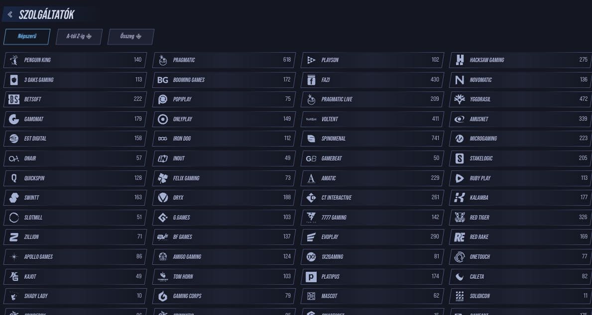 Kaszinójáték szolgáltatók listája