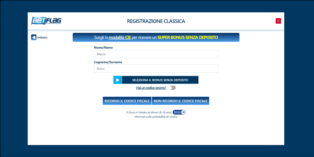 Registrazione al casinò BetFlag