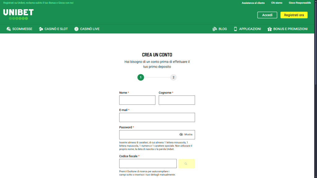 Registrazione al casinò Unibet