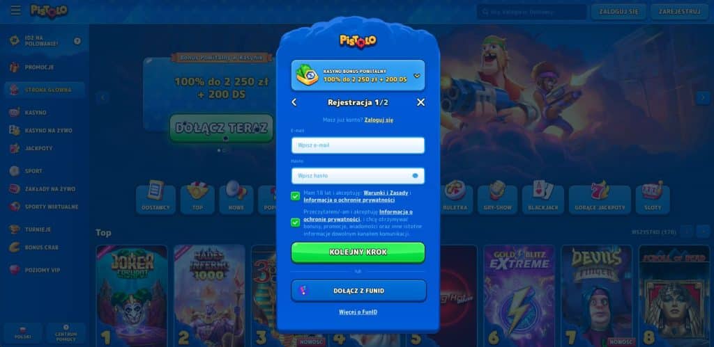 Pistolo casino rejestracja konta