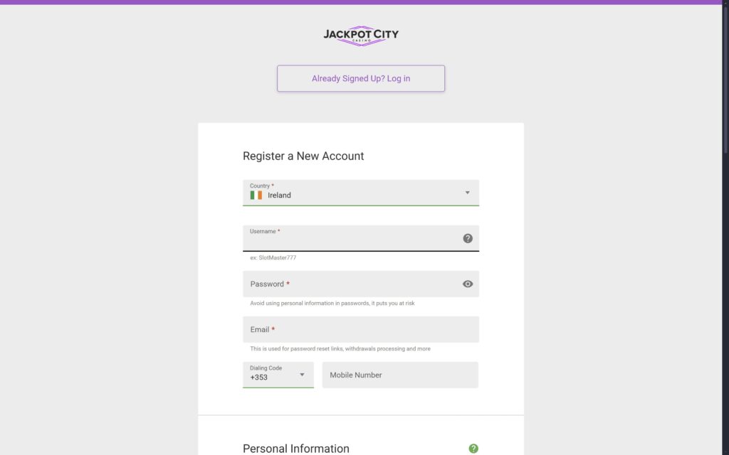 Jackpot City casino registration