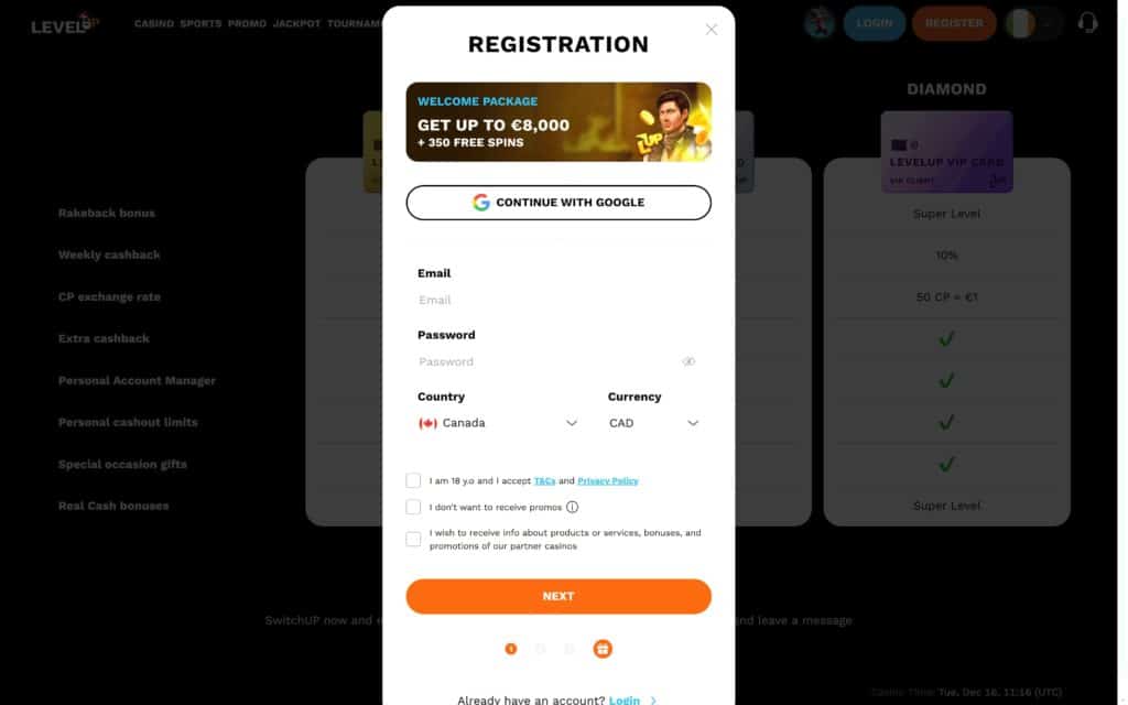 Level Up casino registration