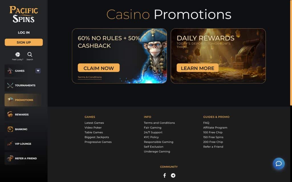 Pacific Spins casino bonuses