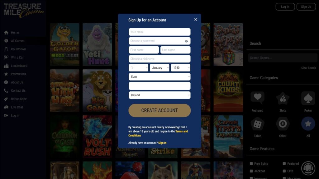 Treasure Mile casino registration