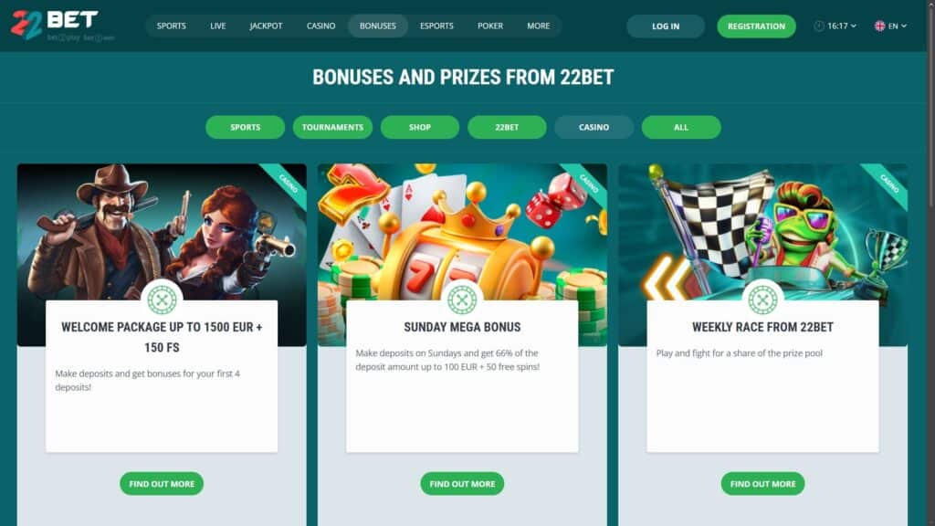22bet casino bonuses
