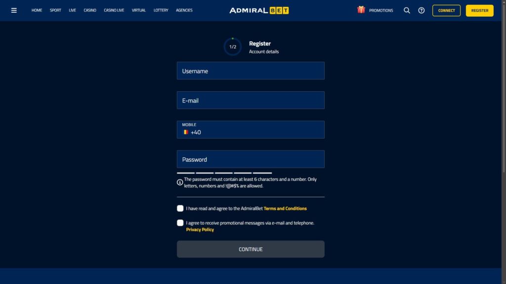 AdmiralBet casino registration