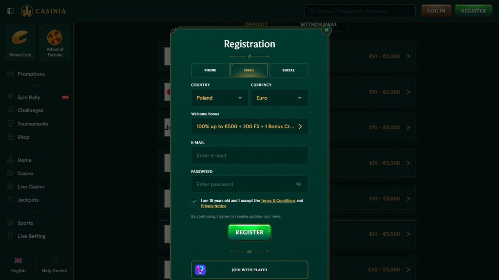 Casinia casino registration