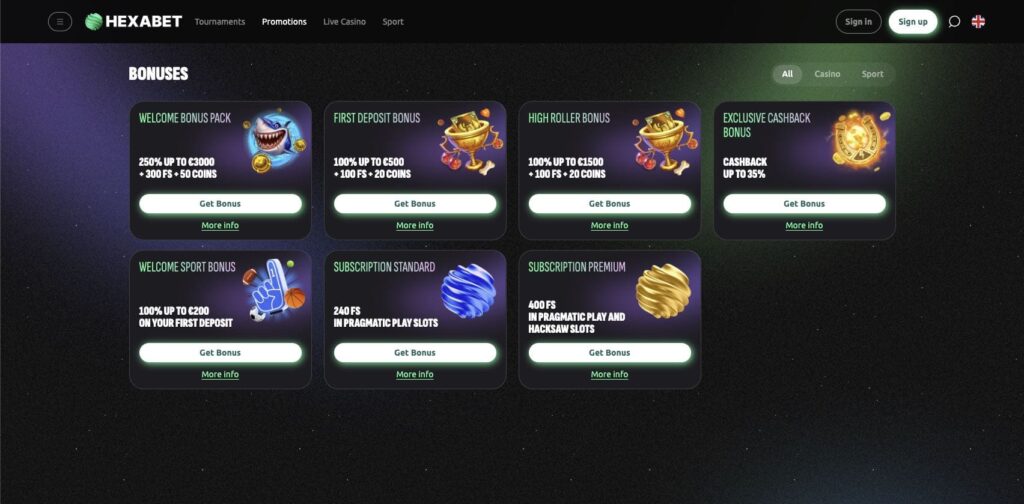 Hexabet casino bonuses