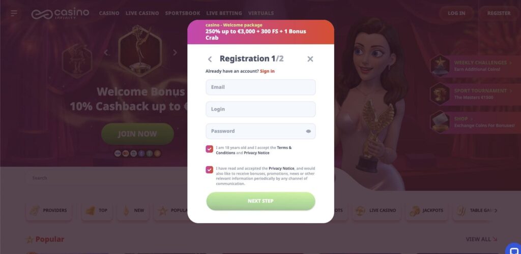 Infinity casino registration