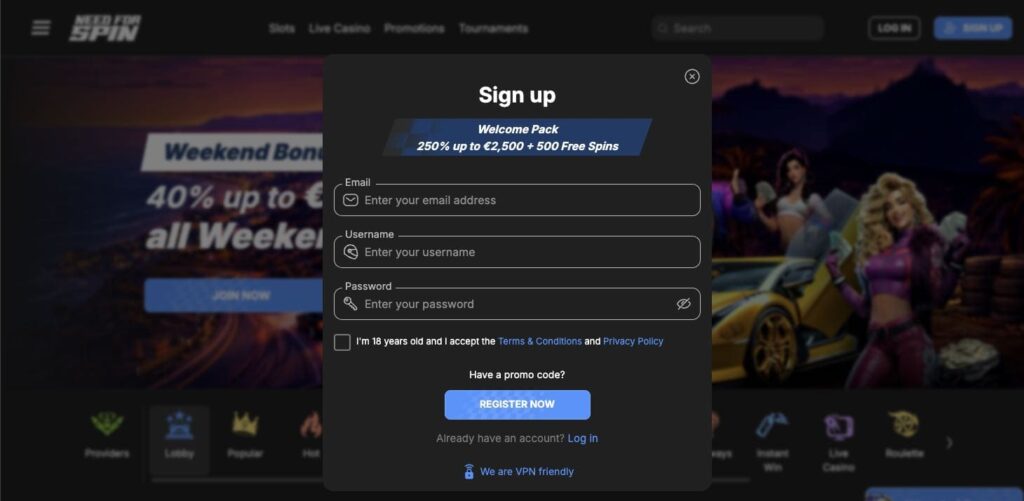 Need For Spin casino registration